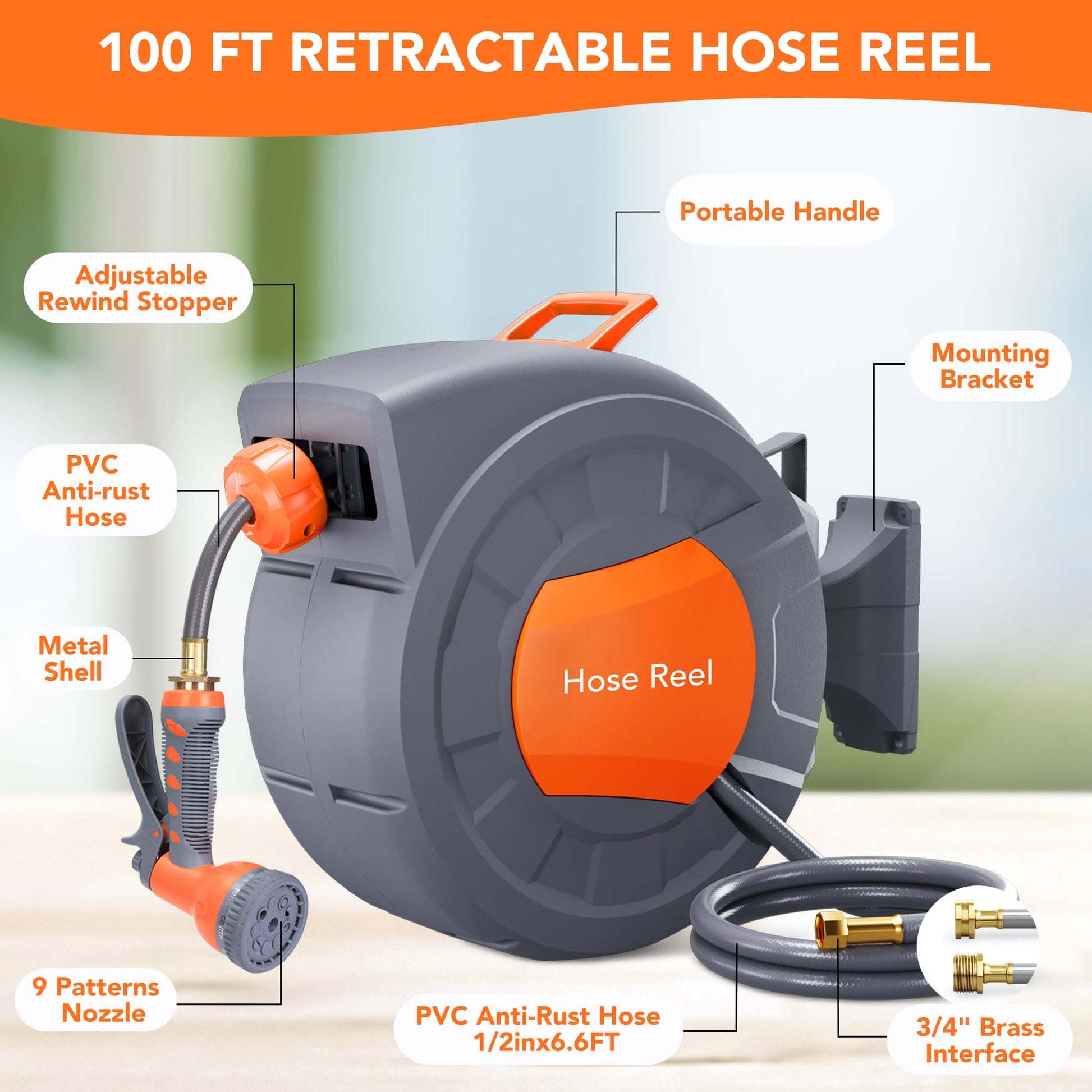 100 ft Retractable Hose Reel, 9-Function Nozzle, 180° Swivel