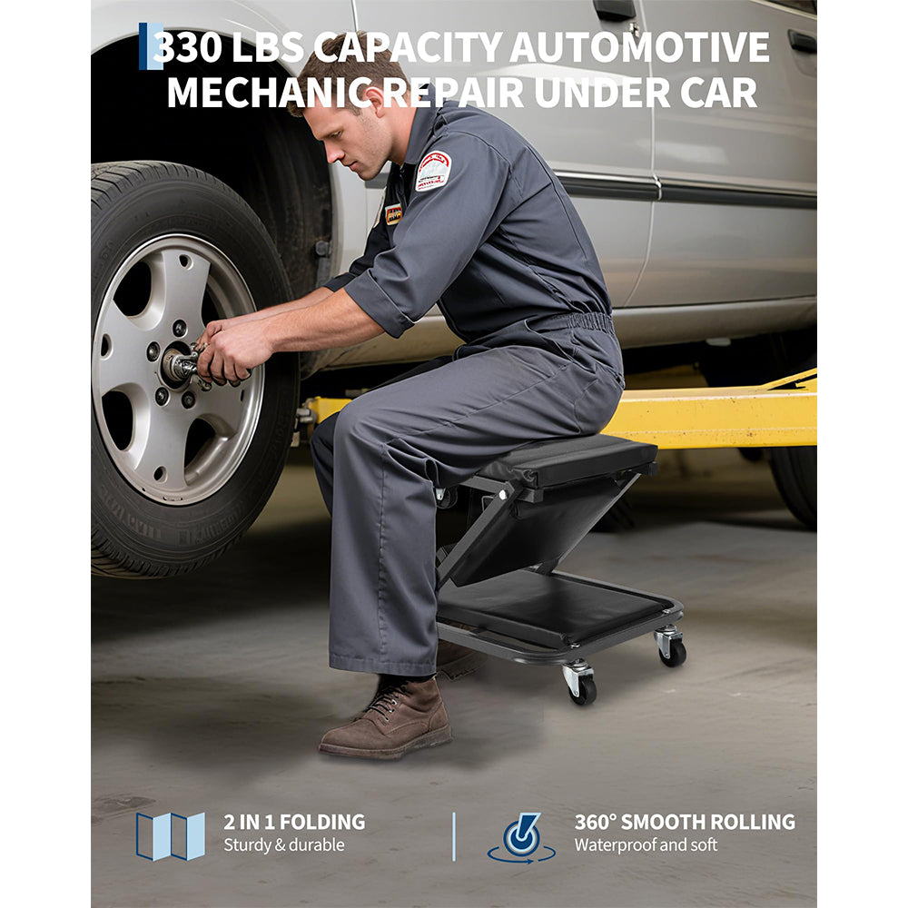 Garvee 36" Z-Creeper Seat On Wheels, Foldable Garage Mechanic Seat, 330 LBS Capacity, Black