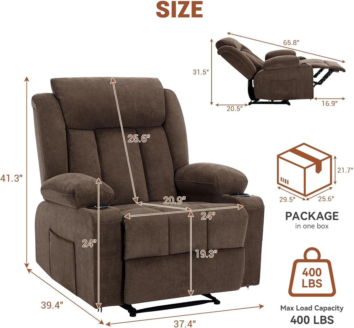 Garvee Recliner Chair 24" Seat Width, Manual Reclining Sofa with Massage and Heat, Comfy Overstuffed Rocking Chair with Side Pockets, Front Pockets and Cup Holder for Living Room, Brown