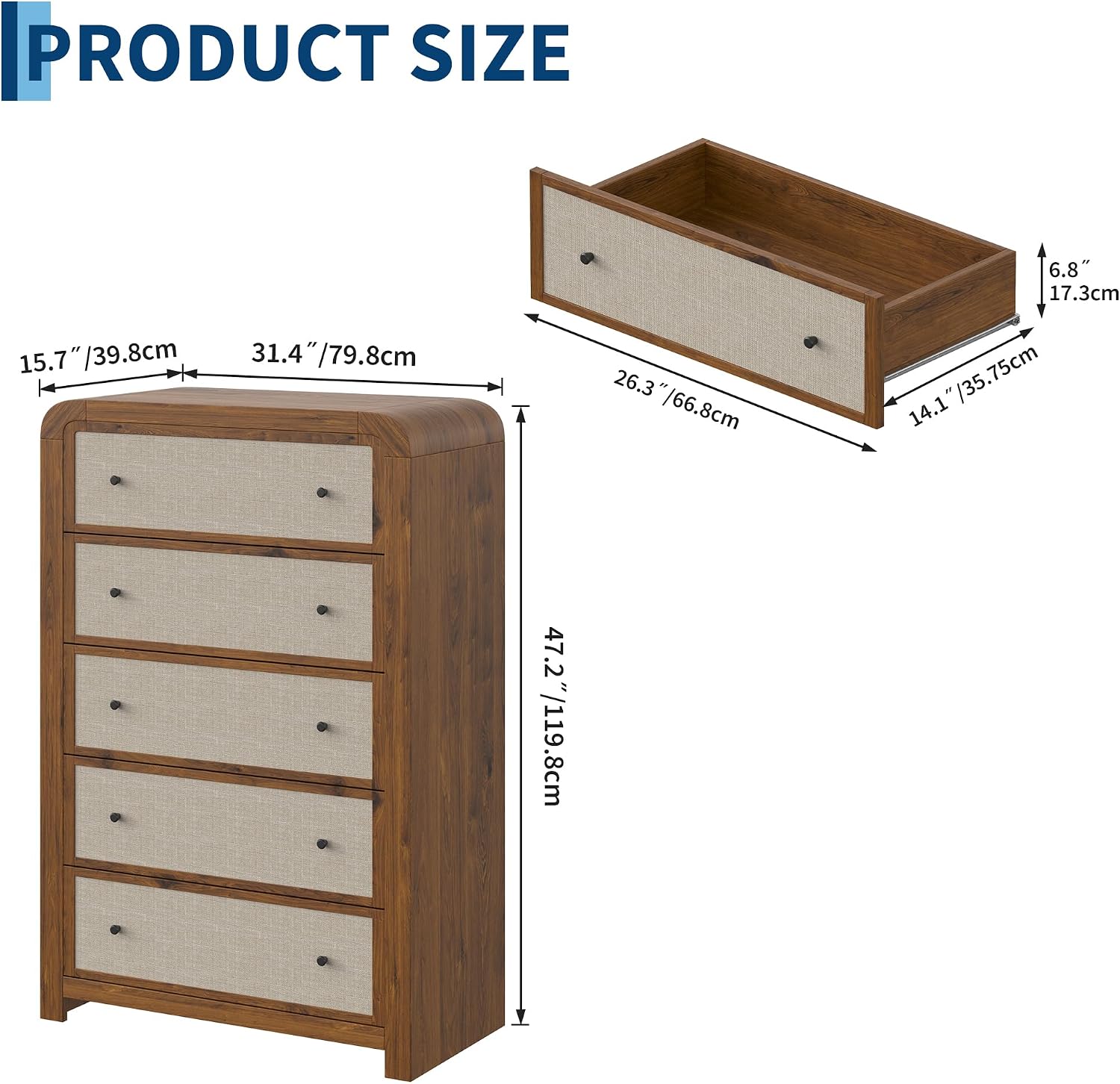 Garvee Tall 5-Drawer Dresser Chest for Bedroom, 47" Narrow Storage Organizer - Sturdy Wood Frame - Linen Drawer Fronts - Anti-Tip Kit, Walnut