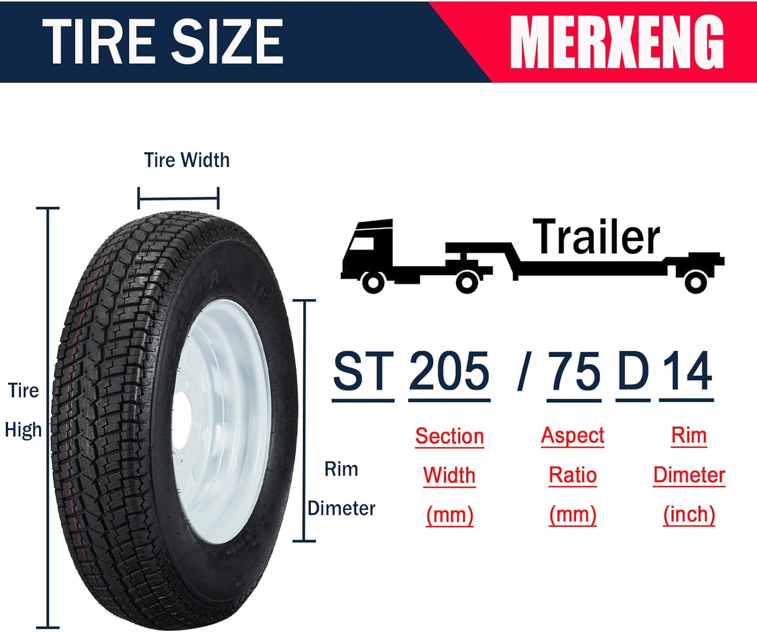 Trailer Tires Rims ST205/75D14 205/75 14 Tire 5 Lug White Spoke Wheel Load Range C, 6 PLY, Set of 2