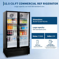 GARVEE 32.5 Cu.ft Double Door Commercial Beverage Cooler - 580-Can Glass Display Fridge | Frost-Free Air-Cooled, Automatic Door Rebound | for Bar/Restaurant/Supermarket (Black)