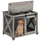 Garvee Dog Crate Furniture with Sliding Barn Door, Flip Top Furniture Style Dog Crate End Table with Wheels, Indoor Dog Kennel House with Removable Divider, Gray - Gray