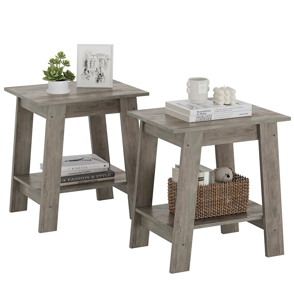 Garvee End Table, Small Side Table, Set of 2 Nightstand with 2-Tier Storage Shelf, Wood Bedside Table, Narrow Side Table Living Room, Side Table for Small Spaces, Bedroom, Entryway, Grey