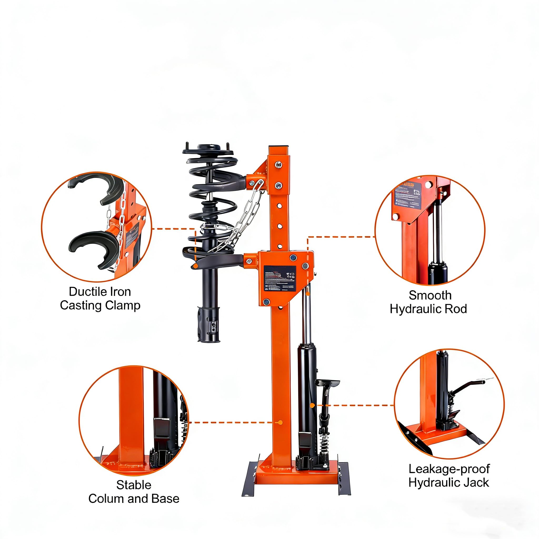 orange hydraulic coil spring compressor highlighting ductile iron clamps, smooth hydraulic rod, stable base, and hydraulic jack