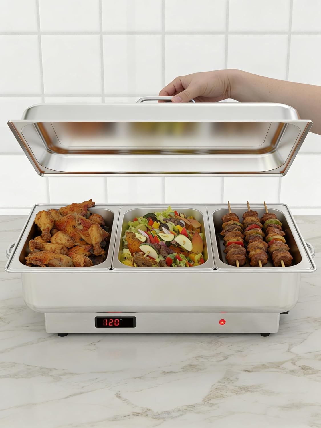 GARVEE 2 PACK Electric Chafing Dish Buffet Set,3 x 3 QT Stainless Steel Food Warmers, 600W Digital Display Temperature Control Serving Trays for Parties Catering Weddings, Sections Dishwasher Safe