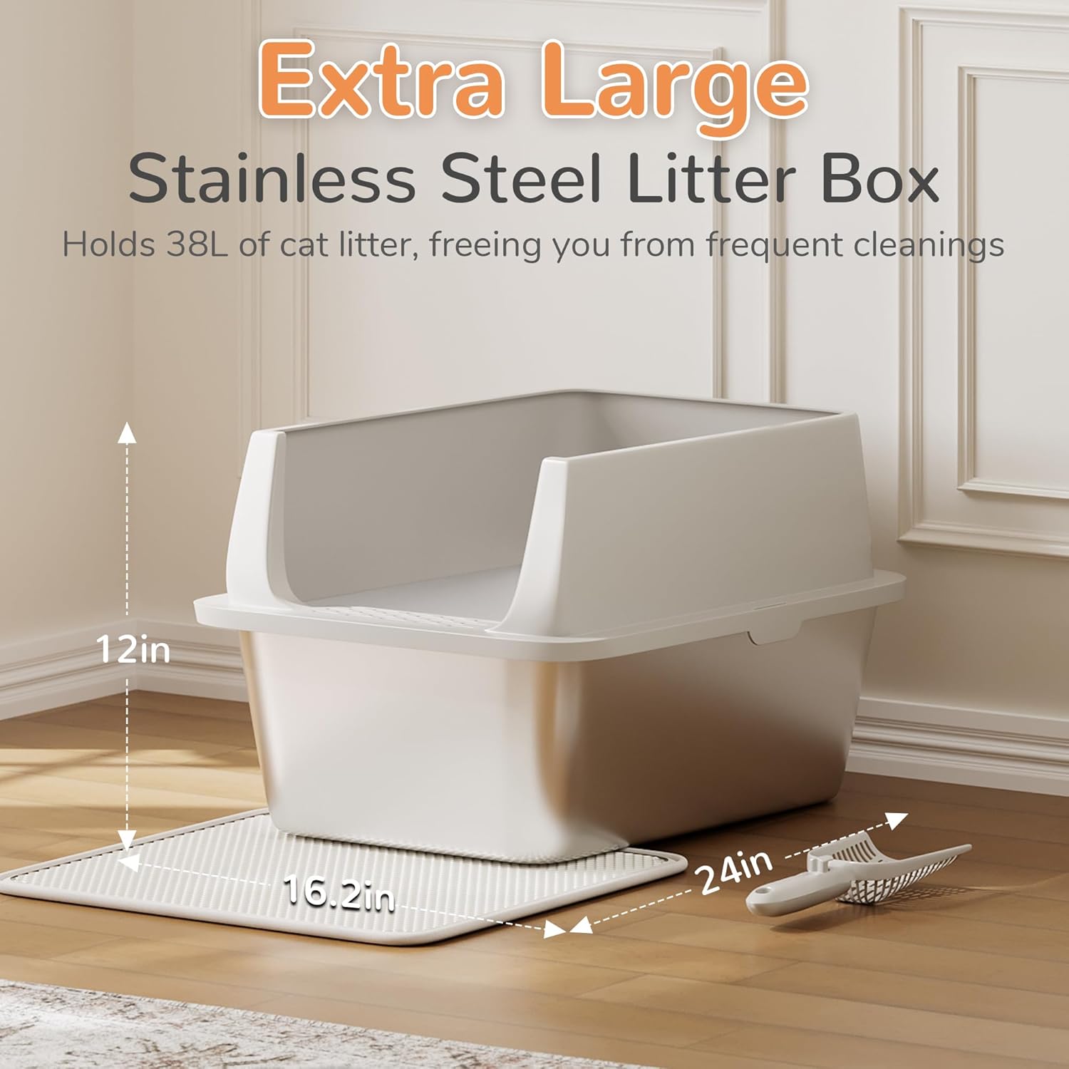 Garvee Stainless Steel Litter Box, Large Open Cat Litter Box for Big Cats, Metal Cat Box with High Sided Enclosure & Scoop Litter Mat, Odor Free, Anti-Leakage, 12"H