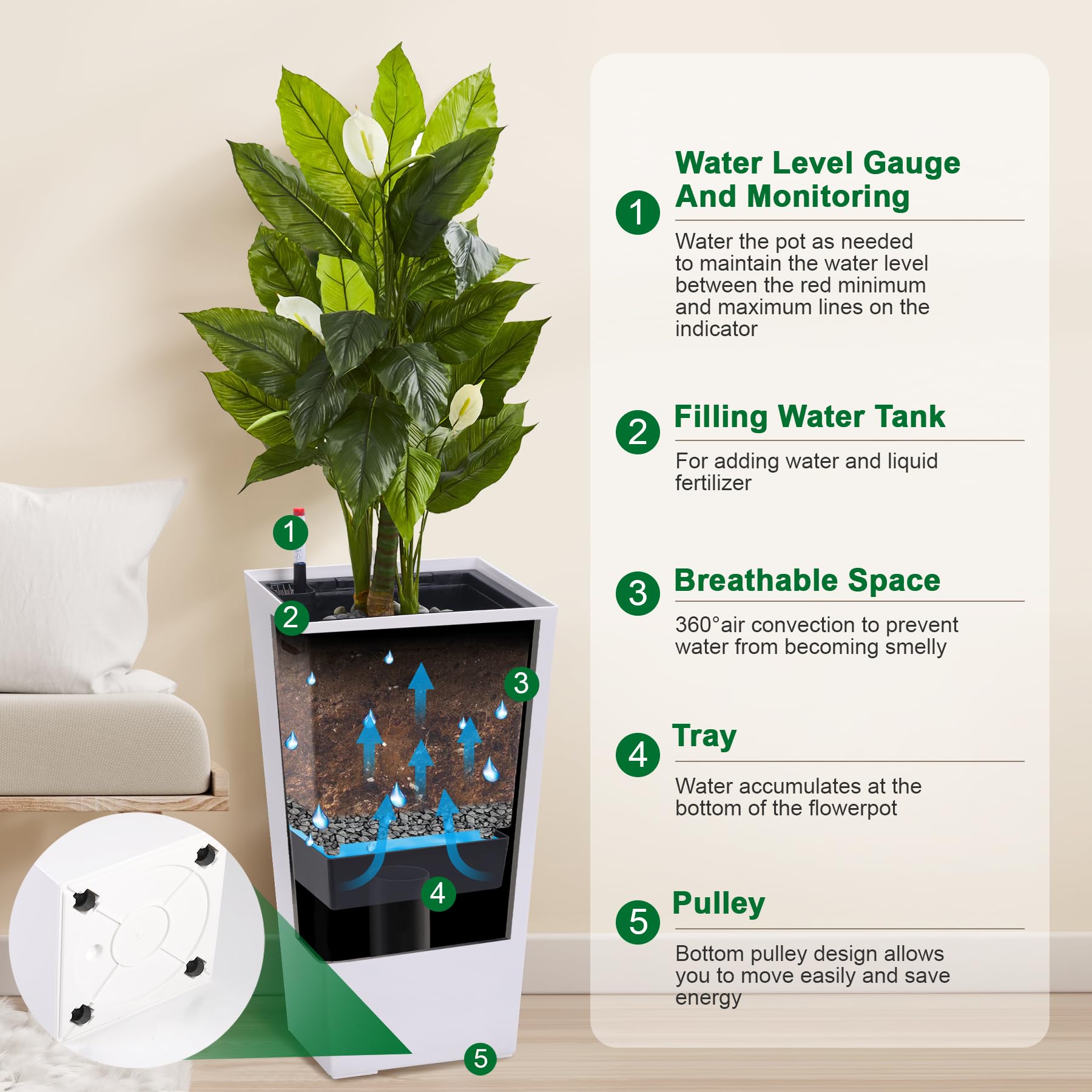 indoor plant pot filling Garvee 30" Tall Planter Set of 2,Heavy Duty Tall Planter,High Front Porch Planter Pots with Drainage Holes&Water Level Monitor&Inner Bucket, Automatic