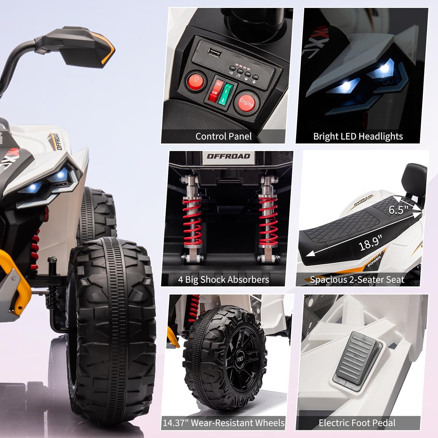 Garvee Ride - P Series: 24V 2-Seater Ride On ATV for Kids - 4-Wheel Battery Powered, High/Low Speed Modes, LED Lights, Music & Horn, Durable Wear-Resistant Wheels, Safe Non-Toxic Material, Outdoor Adventure - White