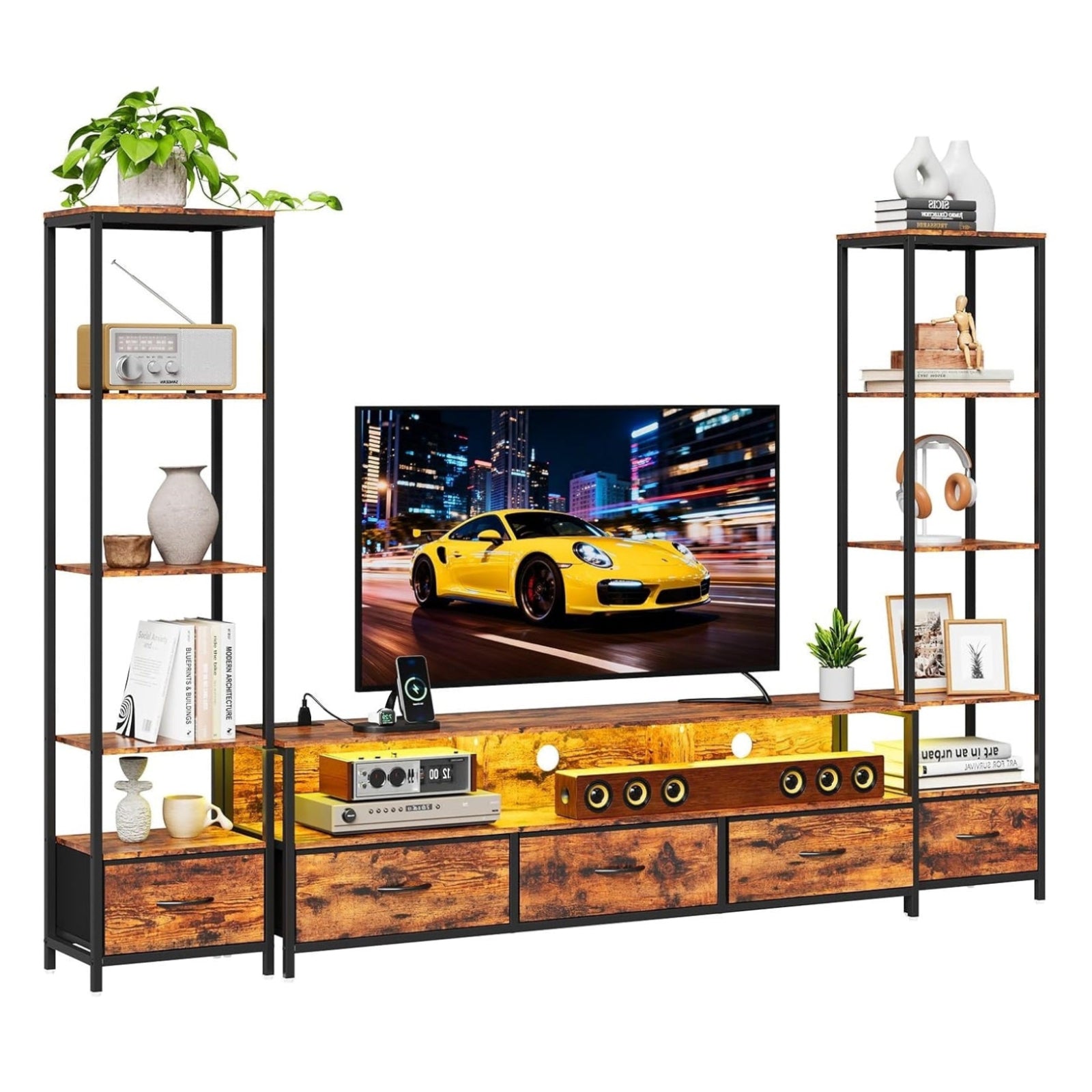 Garvee TV Stand with Storage for TVs Up to 70", TV Entertainment Center with 2 Open 5-Tier Bookshelf, Modern LED TV Console Cabinet with 5 Fabric Drawers & Power Outlets, for Living Room Bedroom