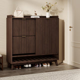 Garvee Narrow Fluted Shoe Cabinet Storage for Entryway, Wood Large Freestanding Organizer with Sliding Door, 2 Flip Drawers, Adjustable Shelves, Bottom Open Shelf, Elegant Design, 15.75 Inch Depth - Black Walnut