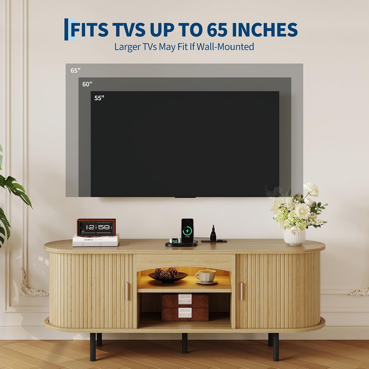 Garvee 55" Fluted TV Stand for TVs Up to 65", Mid Century Media Console with LED Lights and Power Outlet, Entertainment Center with Storage, Sliding Door & Adjustable Shelf for Living Room, Oak