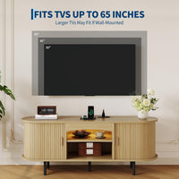 Garvee 55" Fluted TV Stand for TVs Up to 65", Mid Century Media Console with LED Lights and Power Outlet, Entertainment Center with Storage, Sliding Door & Adjustable Shelf for Living Room, Oak