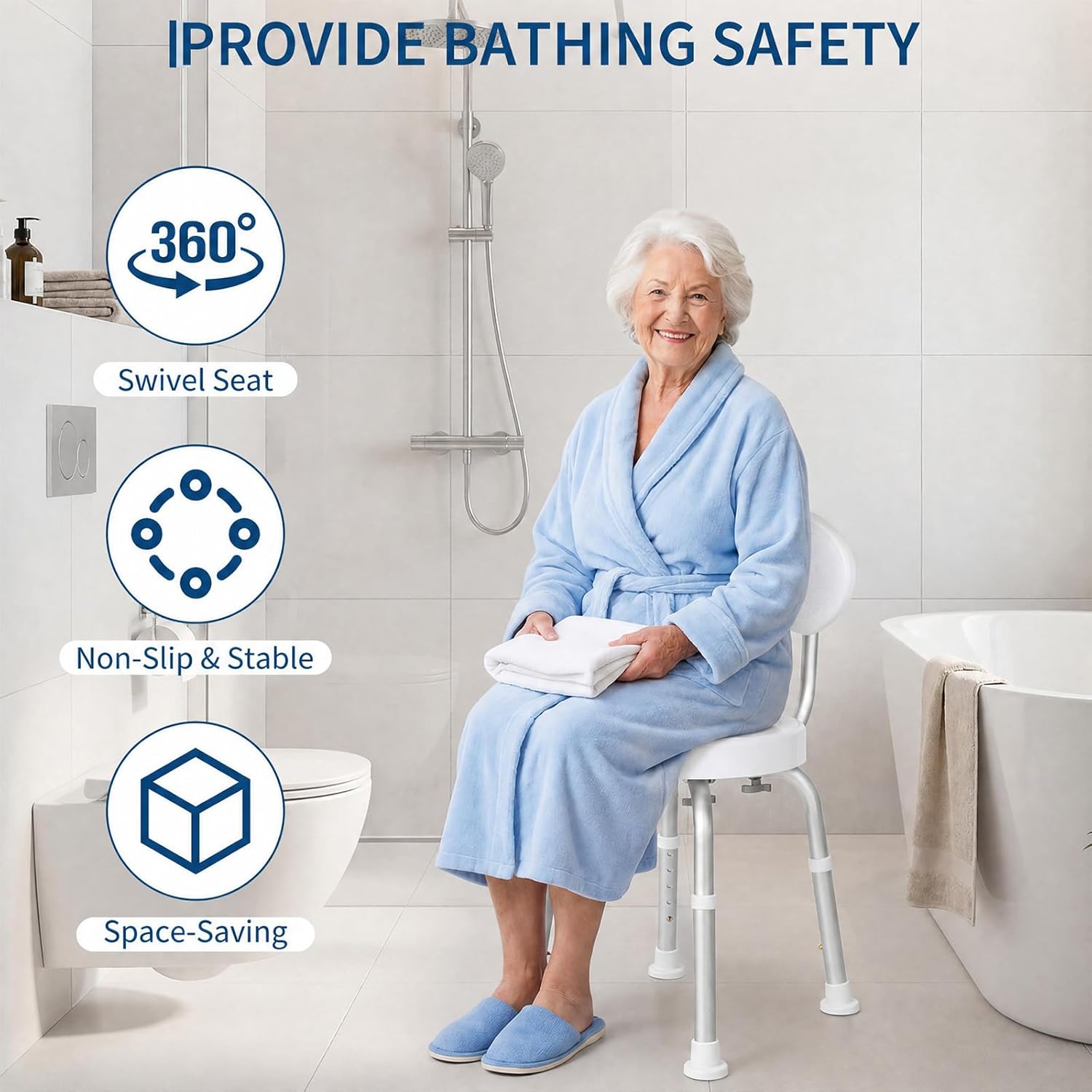 Garvee 360° Swivel Shower Chair with Backrest, Non-Slip Bathtub Chair, Height Adjustable Bath Seat for Elderly, Seniors and Disabled, Compact Shower Bench for Inside Tub or Shower, White