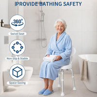 Garvee 360° Swivel Shower Chair with Backrest, Non-Slip Bathtub Chair, Height Adjustable Bath Seat for Elderly, Seniors and Disabled, Compact Shower Bench for Inside Tub or Shower, White