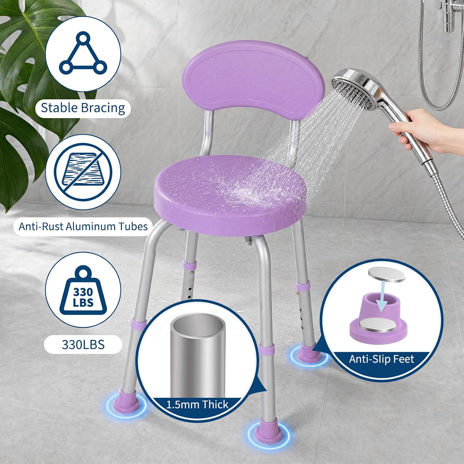 Garvee 360° Swivel Shower Chair with Backrest, Non-Slip Bathtub Chair, Height Adjustable Bath Seat for Elderly, Seniors and Disabled, Compact Shower Bench for Inside Tub or Shower, Purple