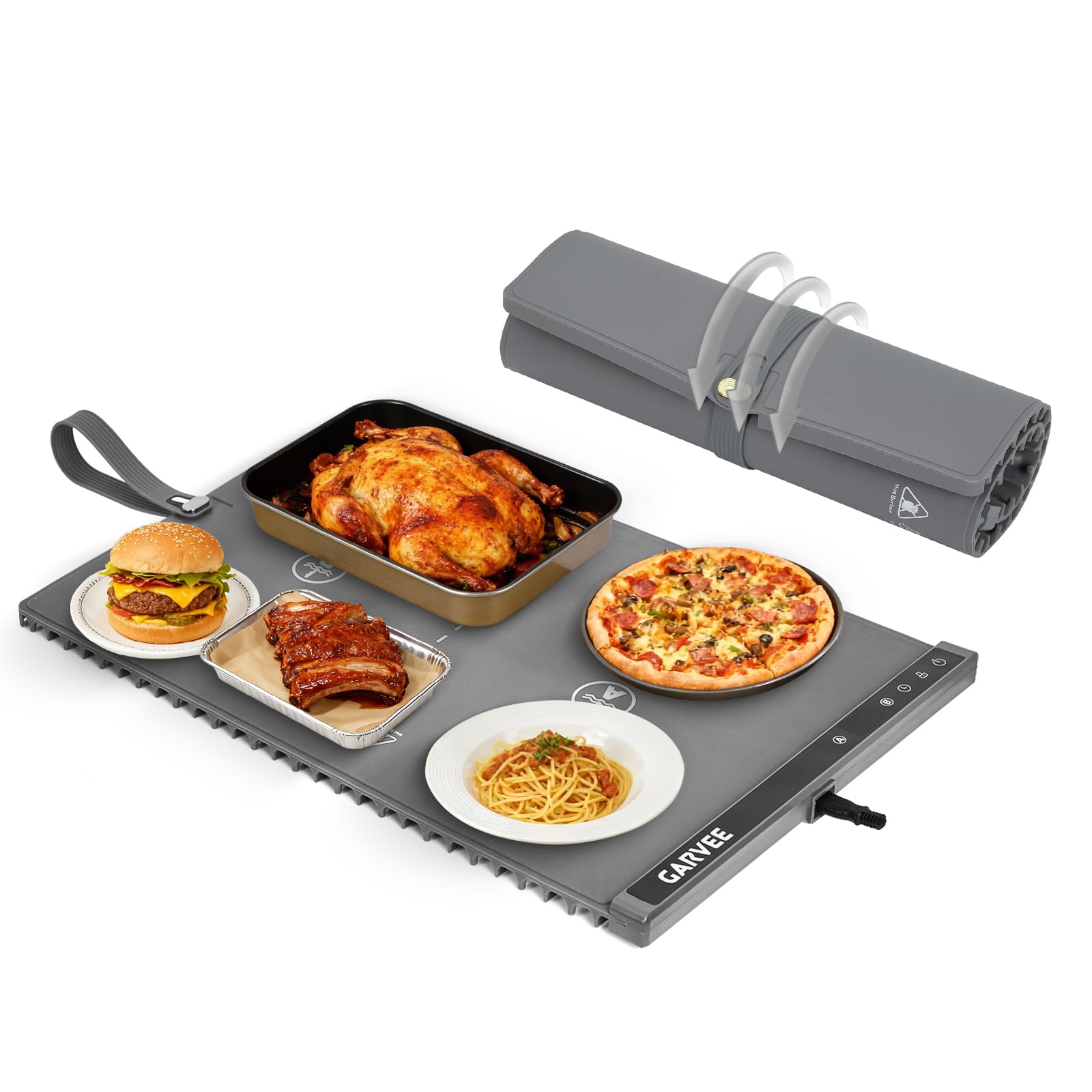 Garvee 2-Zone Heating Food Mat - 24"X15" Rollable Warming Mat, Grey, Full-Surface Warmer with 6 Temp Settings & Timer