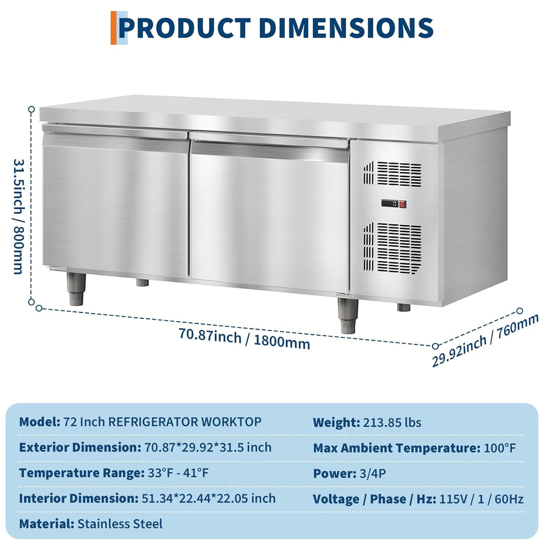 Garvee Stainless Steel Commercial Refrigerators 72 in W for Restuarant, 2 Door 18 Cu.Ft Worktop Undercounter Refrigerator Bar, Shop, Etc