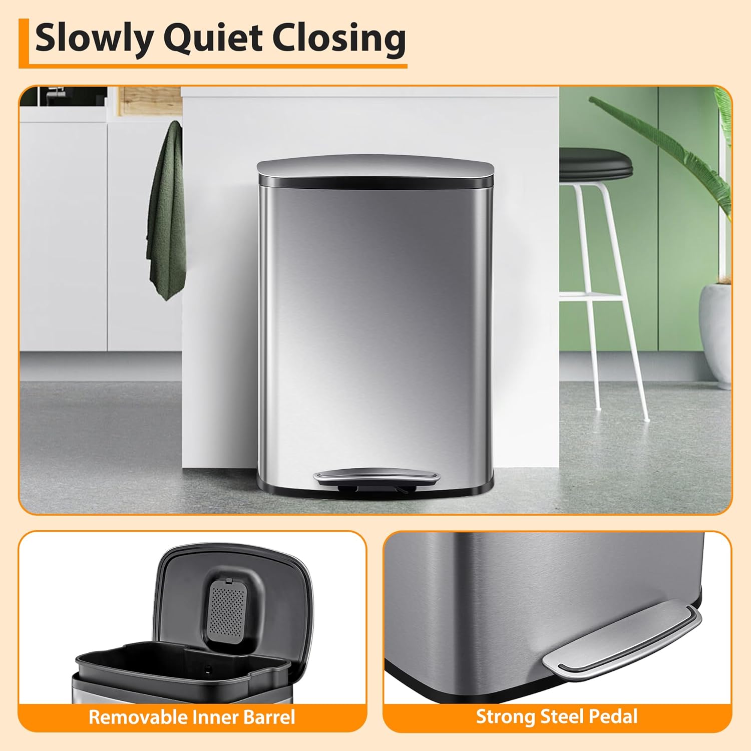 Garvee 13Gal Stainless Steel Kitchen Trash Can, 50L Pedal Heavy Duty Hands-Free Garbage Can, Commercial Brushed Step Waste Bin for Bathroom Bedroom Home Office