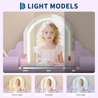 Garvee Kids Vanity with Lighted Mirror & Stool, 2 In 1 Little Girls Vanity and Wooden Makeup Playset with Adjustable LED Light, Storage Drawer & Shelves for Girls 3-9, Purple