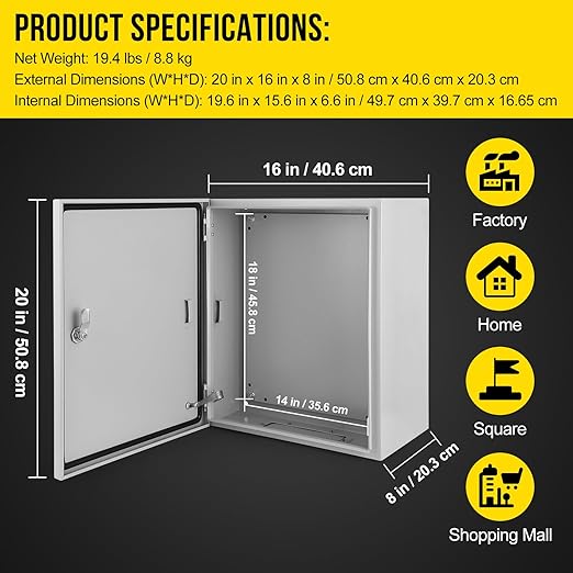Garvee Junction Box, Steel Electrical Box 20x16x8", NEMA 4X Electrical Enclosure Box IP66 Waterproof & Dustproof, Universal Electrical Project Box with Lock & Mounting Plate