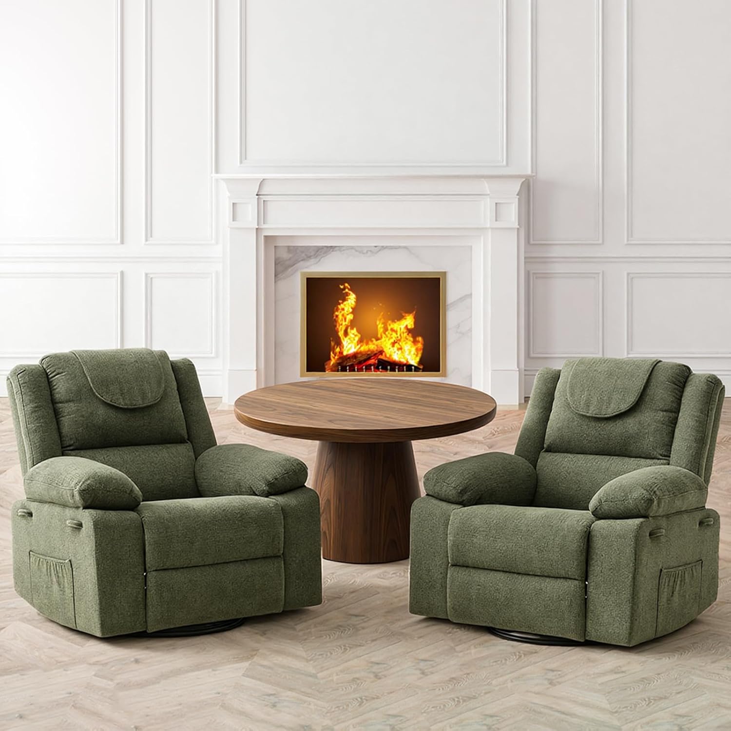 Garvee Swivel Rocker Recliner Chair for Adults with Massage and Heat, Oversized Linen Fabric Glider Nursery Chair with Deep Seat, High Backrest, Upholstered Single Sofa for Living Room, Green