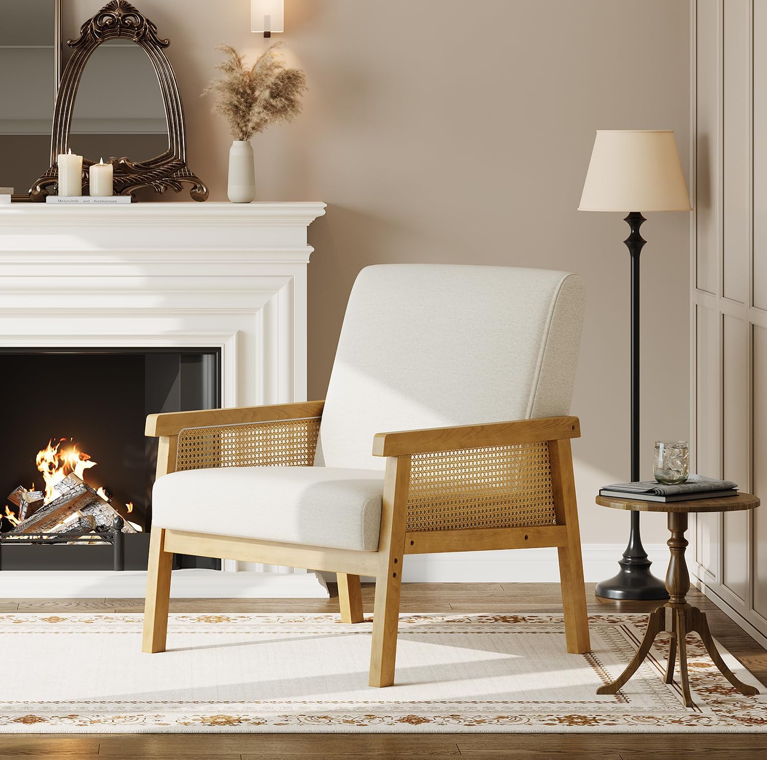 Garvee Mid Century Modern Accent Chair, Linen-Look Fabric Living Room Chair with Sturdy Wood Legs, Thickened Seat Cushion and PE Rattan Woven Decoration, Armchair for Bedroom, Reading Room, Ivory