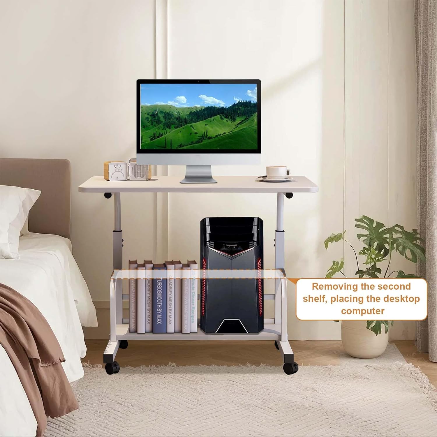 Garvee Adjustable Height Mobile Standing Desk, Portable Bedside Desk with Storage Shelves, Compact Laptop Desk for Home Office, Study, Small Spaces, Bedroom, White, 23.6"x15.7"