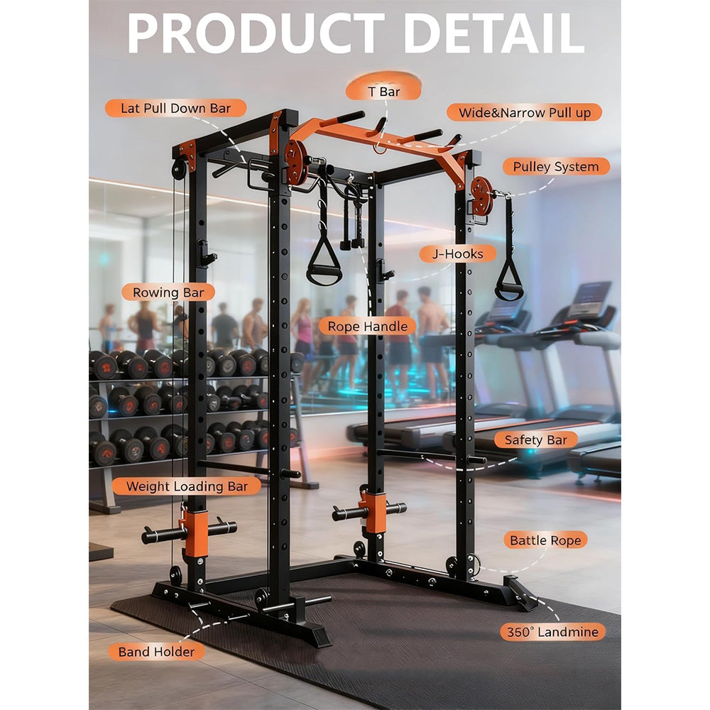 Garvee Power Cage Power Rack with Dual Pulley System Multi-Function Squat Rack with Cable Crossover Home Gym Black