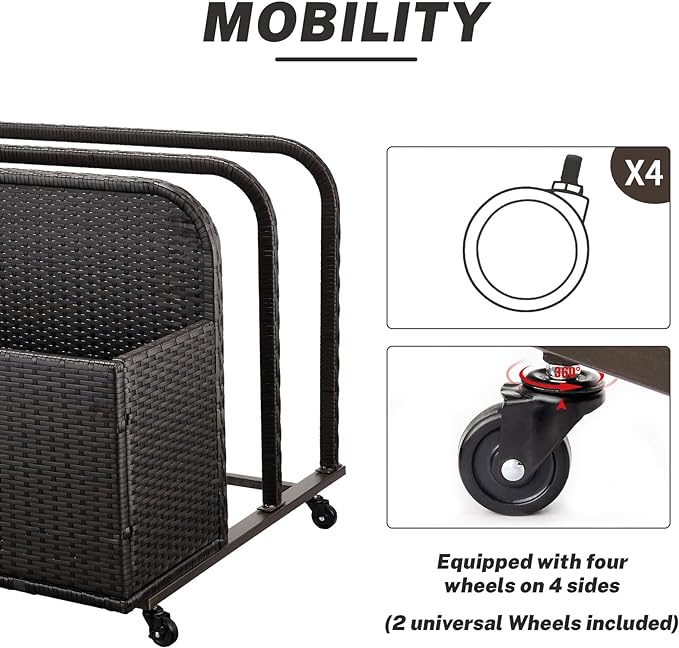 Garvee Patio Poolside Float Storage Basket with Wheels, Outdoor Wicker Poolside Float Storage, Pool Storage Organizer, PE Rattan Outdoor Rolling Pool Caddy for Floaties, Life Vests, Beach Balls, Toys