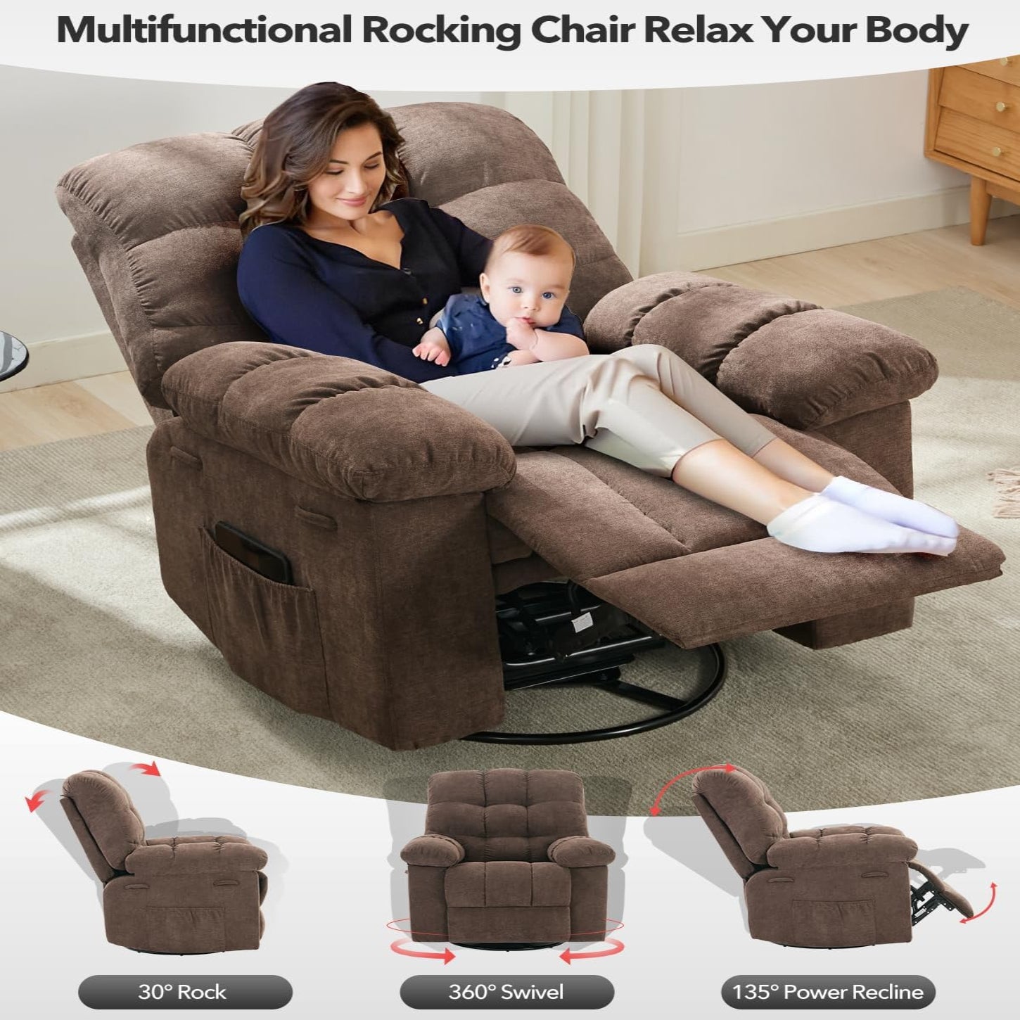 Garvee Rocking Recliner Chair, 360° Swivel Rocker Chair for Living Room, Upholstered Fabric Nursery Chair with Side Pockets for Small Spaces, q235 Steel Frame Lazy Boy Recliner Single Sofa, Brown