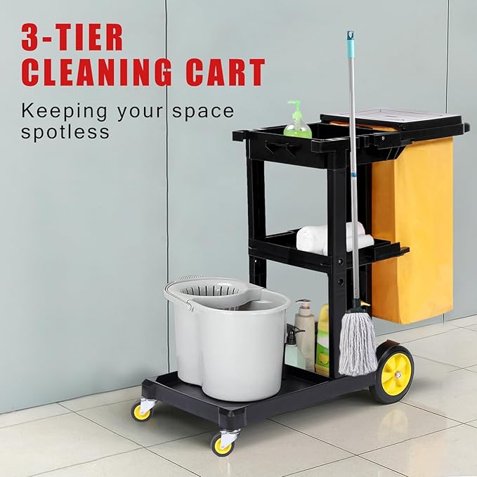 Garvee Commercial Janitorial Cleaning Cart, 3-Tier Janitorial Cart 500LBs Capacity Housekeeping Cart, Wheeled with 25 Gallon Yellow PVC Bag and Cover Lid