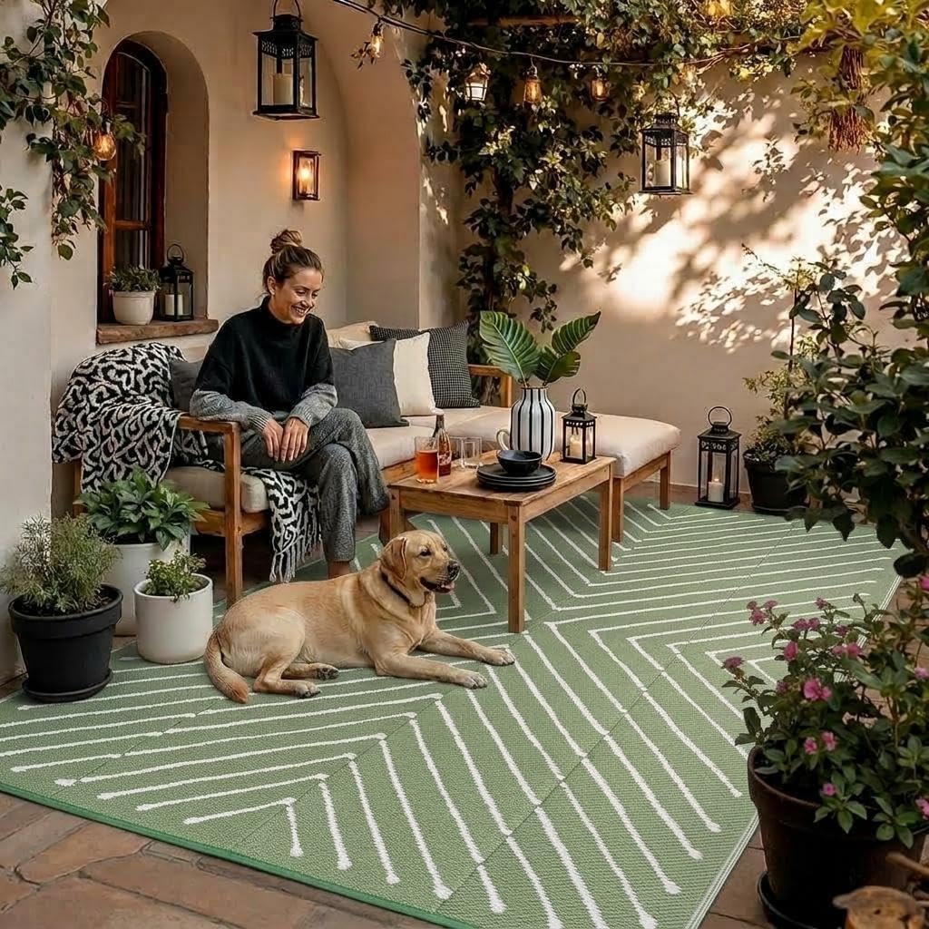 Garvee 8' x 10' Reversible Waterproof Outdoor Rug – Modern Geometric Patio Carpet, Easy to Clean, collapsible, UV Protected, Large 8x10ft Plastic Straw Mat for RV, Camping, Picnic, Sage Green