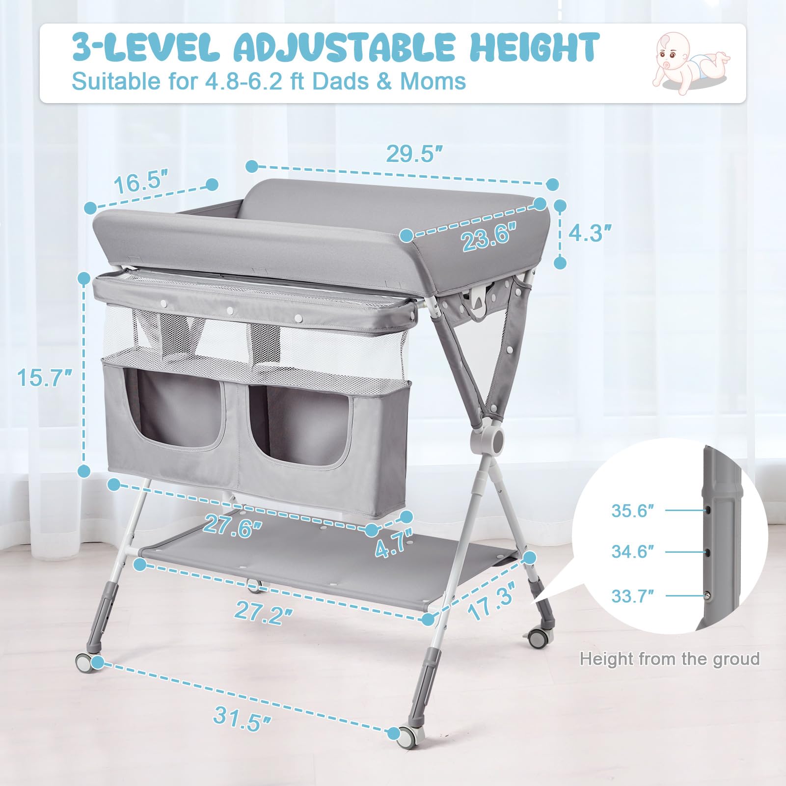 Portable Baby Changing Table, Babevy Foldable Diaper Change Table with Wheels, Adjustable Height, Cleaning Bucket, Changing Station for Infant Mobile Nursery Organizer for Newborn