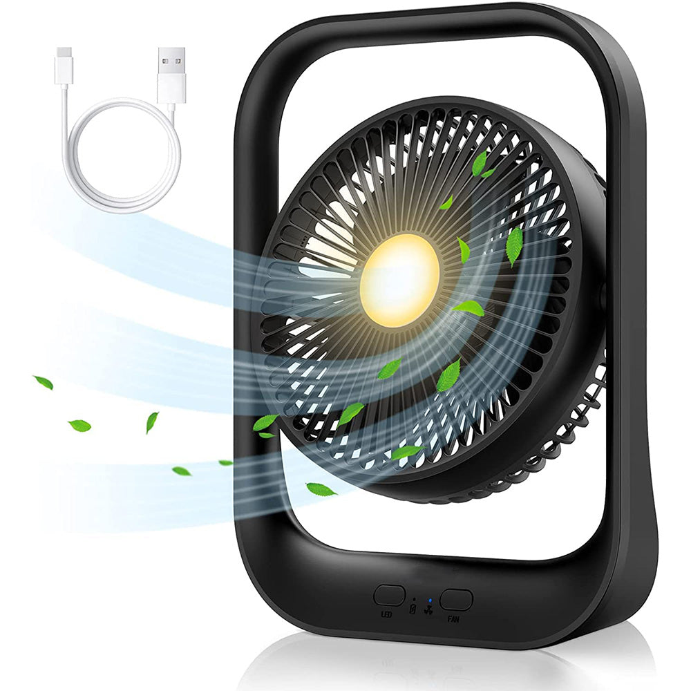 Garvee Battery Operated Fan, Camping Fan with Night Light, 3 Speeds Portable Desk Fan,135°Rotation, Rechargeable Quiet Table Fan for Office, Bedroom, Travel, Camping (Deep Black)