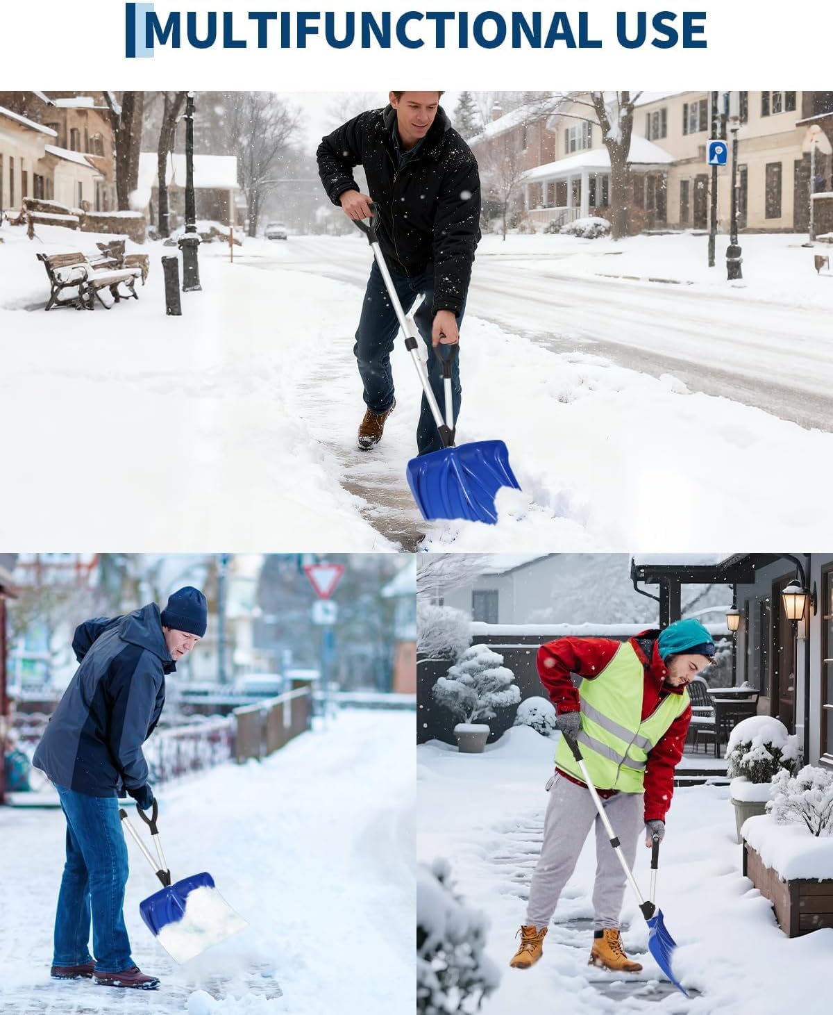 Garvee Ergonomic Snow Shovel – 18" Aluminum-Edged Blade with Assisted D-Ring Handle – Lightweight Snow Pusher for Patio, Garden, Yard – Blue Shovel with Silver Pole