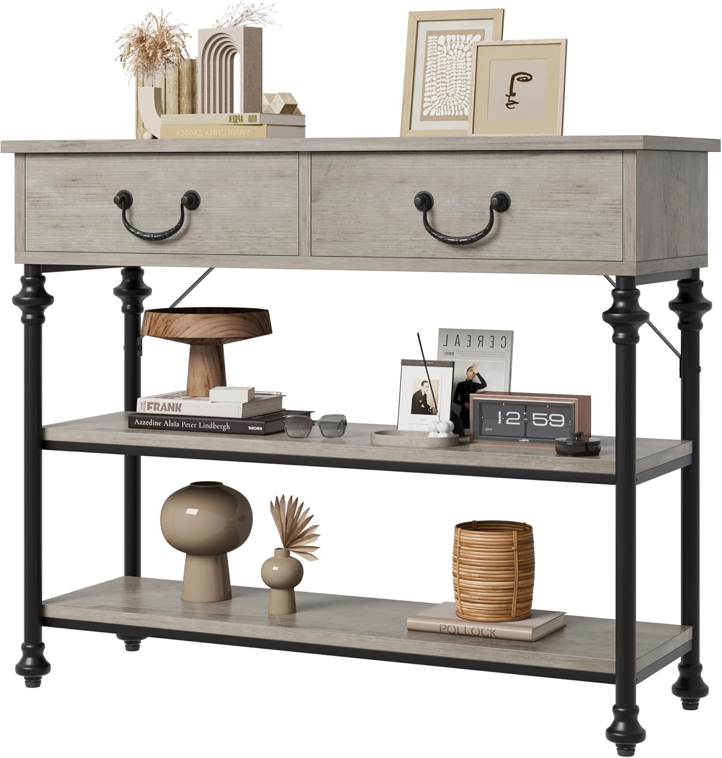 Garvee Console Table with Drawers, Narrow Entryway Table, MDF Wood & Metal, 3-Tier Storage, Adjustable Footpads, Rustic Gray, Living Room, Foyer