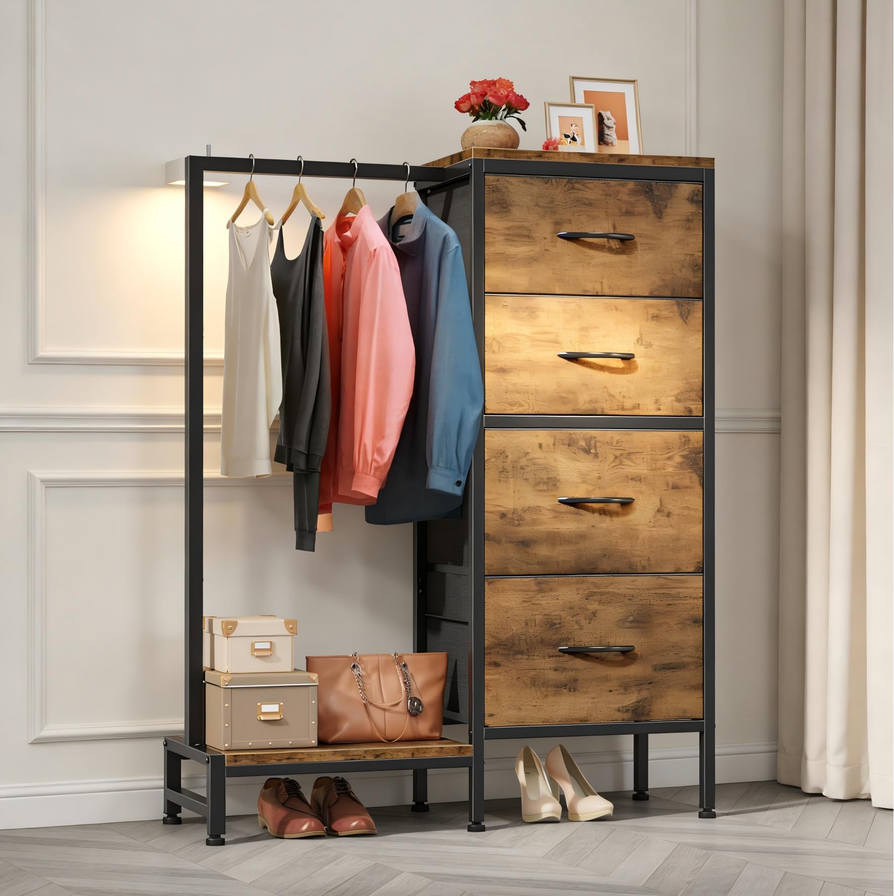 Garvee Multi-Functional 4-Drawer Fabric Dresser Organizer with Hanging Rail & Open Shelf – Metal Frame Wardrobe Storage for Bedroom, Living Room, Entryway – Classic Brown – 4 Compartments Vintage