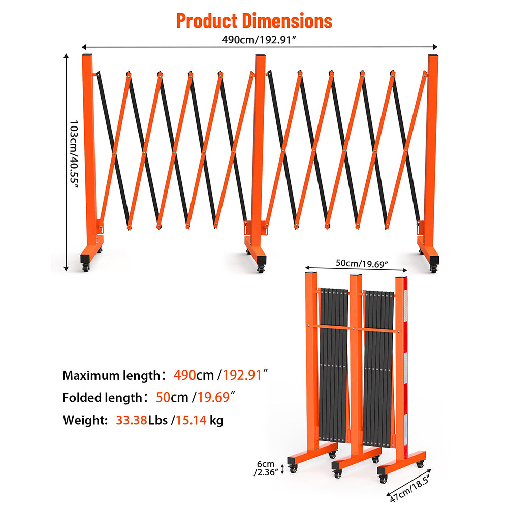Garvee Metal Expandable Barricade, 16 Ft Folding Security Gate, High Strength Steel Expandable Barricade Gate Outdoor, Industrial Expandable Barricade Gate with Casters, Orange&Black