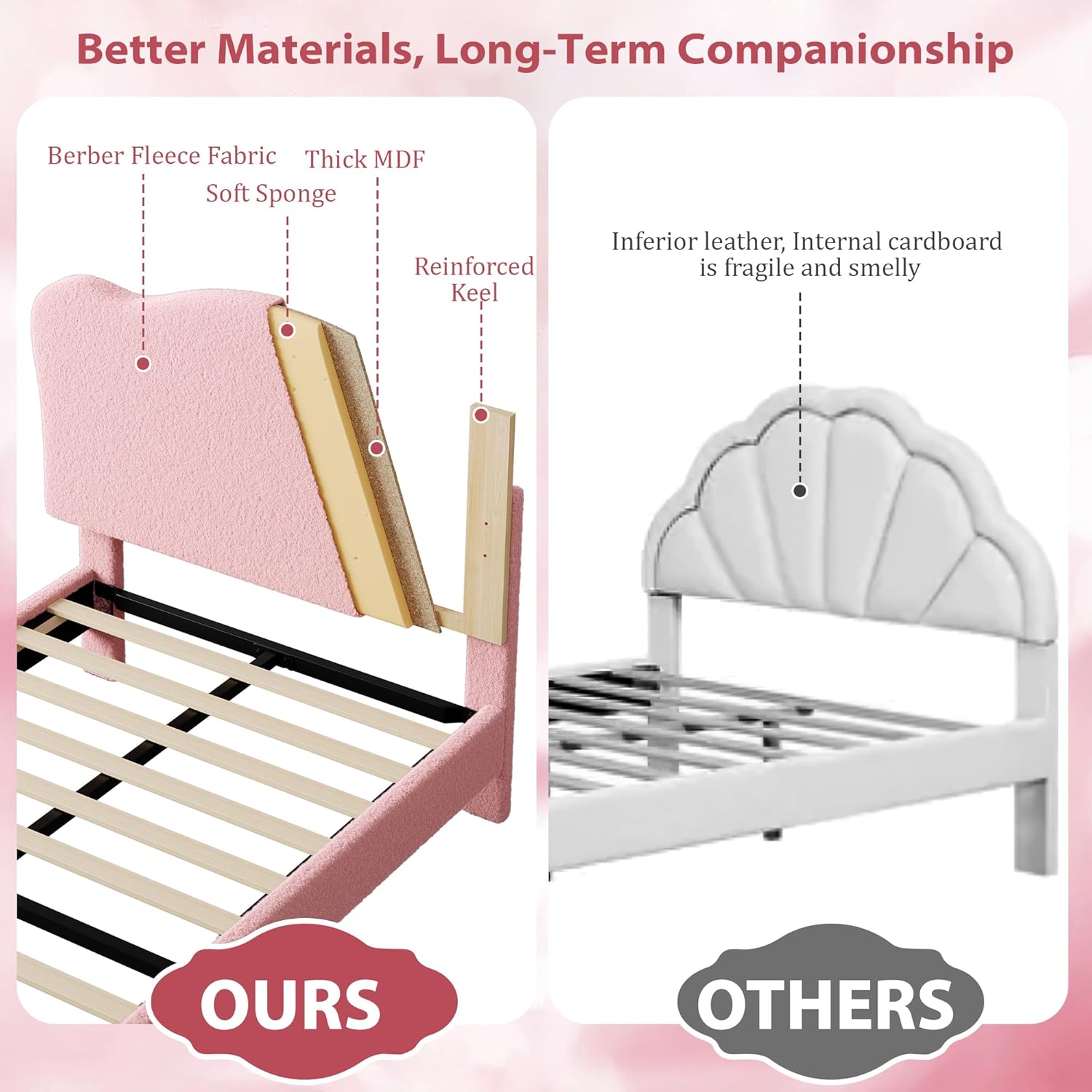 Garvee Twin Size Upholstered Bed Frame with Adjustable Crown Headboard, Velvet Princess Platform Bed, Heavy Duty, Solid Wood Slat Support, No Box Spring Needed, Easy Assembly, Pink