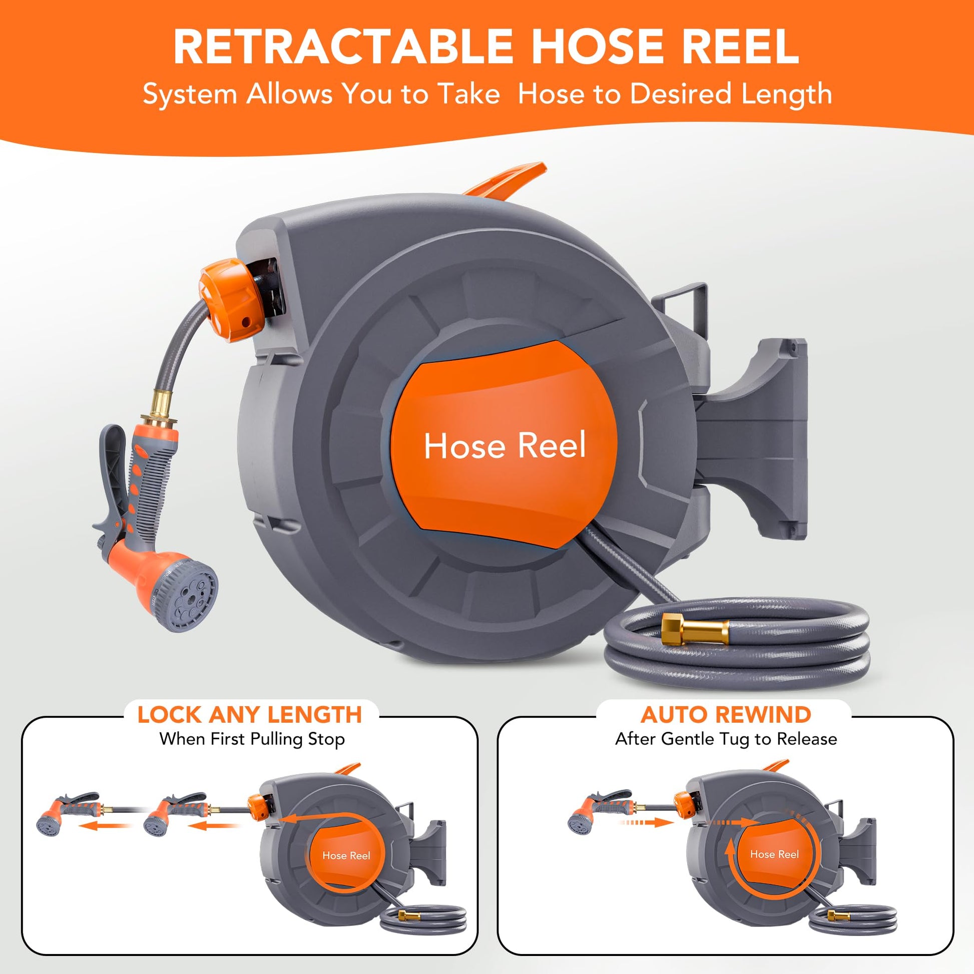 100 ft Retractable Hose Reel, 9-Function Nozzle, 180° Swivel