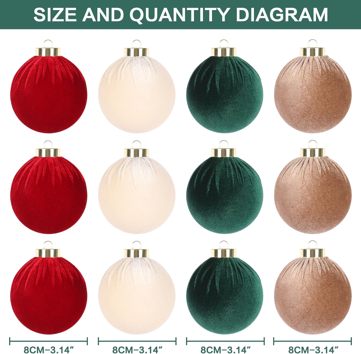 Garvee 3.14" Velvet Christmas Balls, 12PCS 80MM Plastic Christmas Ball Ornaments for Xmas Tree Hanging Decorations Assortment, for Holiday Party Decor