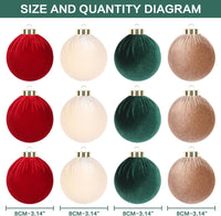 Garvee 3.14" Velvet Christmas Balls, 12PCS 80MM Plastic Christmas Ball Ornaments for Xmas Tree Hanging Decorations Assortment, for Holiday Party Decor