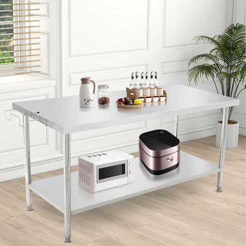 Garvee 72"L x 30"W x 35"H Commercial Food Prep Table Metal Kitchen Work Table with Adjustable Under Shelf, Stainless Steel Table with Hooks for Restaurant, Garage, Warehouse and Hotel
