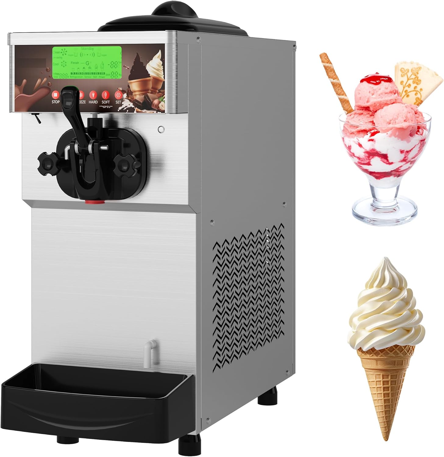 Garvee 1400W Single Flavor Commercial Soft Ice Cream Maker, 2.8-5.3 Gal/Hr Soft Serve Ice Cream Machine with 5-Inch Display, Easy to Operate, Self-Cleaning, High Productivity for Restaurant Snack Bar, 115V