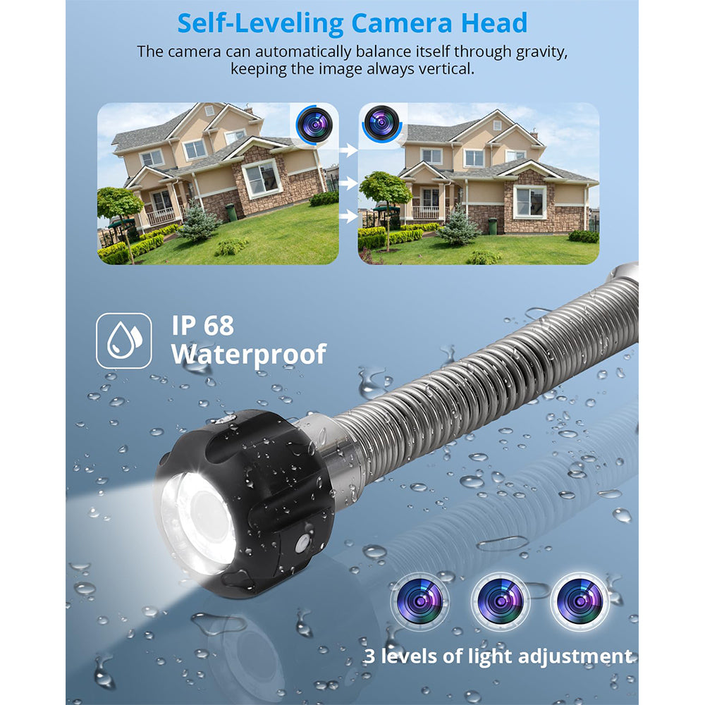 Garvee 165ft Drain Camera, Self-Leveling Snake Camera with Markings, 9" HD LCD Screen, DVR, Adjustable LEDs, 16GB SD Card, IP68 Waterproof for Sewer Inspection