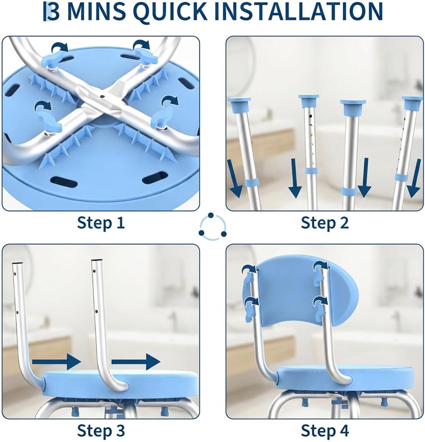 Garvee 360° Swivel Shower Chair with Backrest, Non-Slip Bathtub Chair, Height Adjustable Bath Seat for Elderly, Seniors and Disabled, Compact Shower Bench for Inside Tub or Shower, Blue