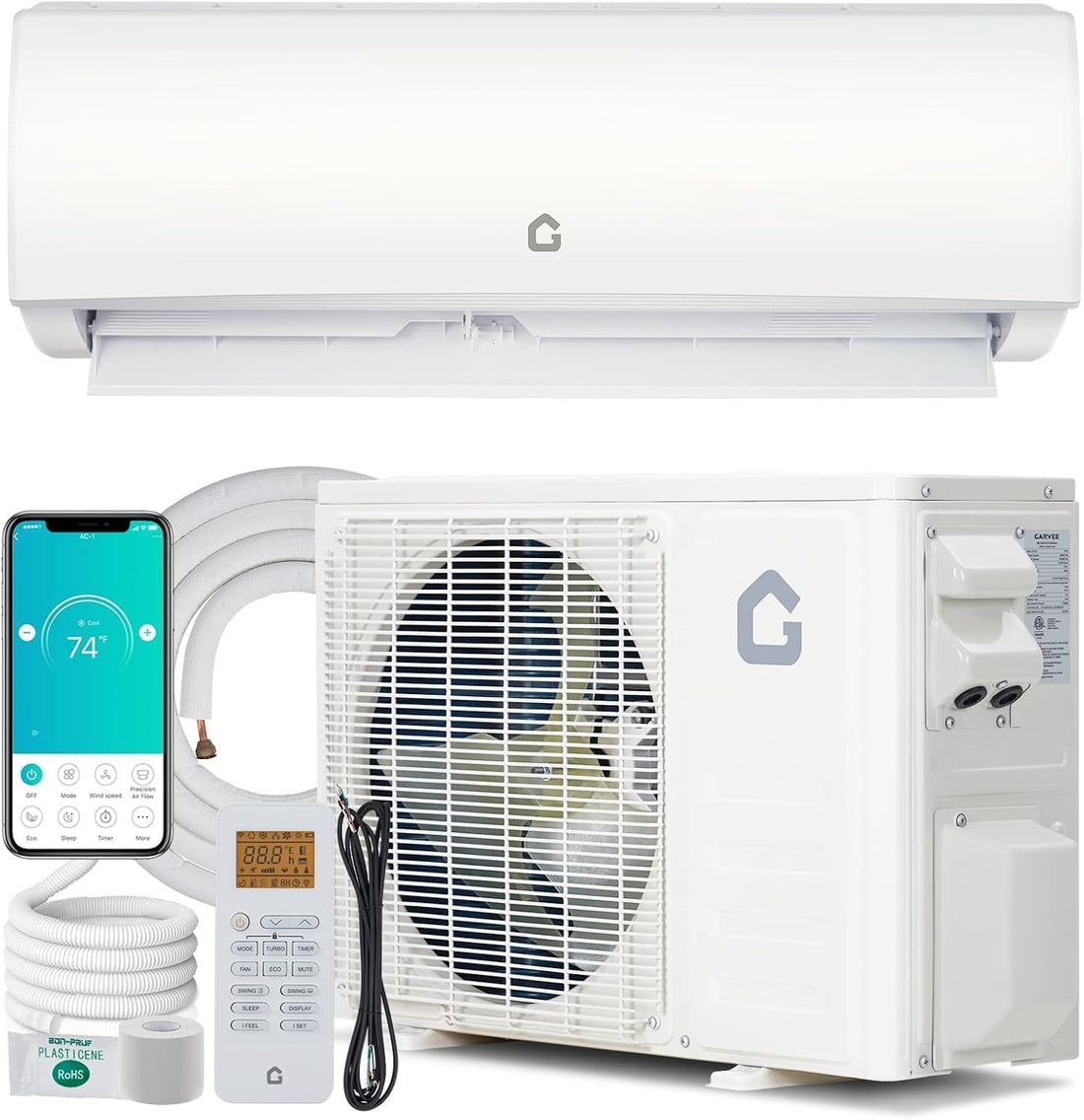 Garvee 11500 BTU Mini Split Central Air Conditioner & Heat Pump - 17 SEER2 Ductless Inverter, Wall-Mounted, WiFi & Remote, Multi-Mode, Pre-Charged Condenser, 230V, US Standard, Cools & Heats Up to 750 Sq.Ft