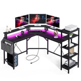 Garvee L Shaped Desk with Power Outlets & LED Lights, 62" Computer Desk with Full Monitor Stand & Storage Shelves, Corner Desk Gaming Desk, Ergonomic Home Office Desk, Black - Black