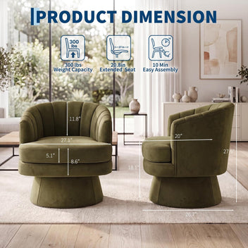 Garvee 360° Swivel Barrel Accent Chair with Lumbar Pillow, Soft Upholstered Single Armchair, Round Base for Living Room/Bedroom/Vanity - With lumbar pillow | velvet | green